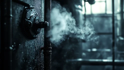 Moody industrial boiler softly releasing cool white steam