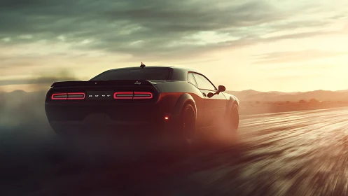 Muscle car powers through desert highway at sunrise