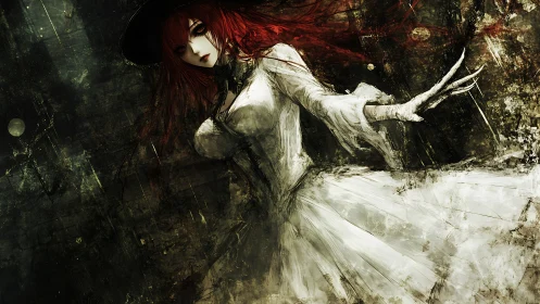 Scarlet haired witch in tattered white dress reaches forward.