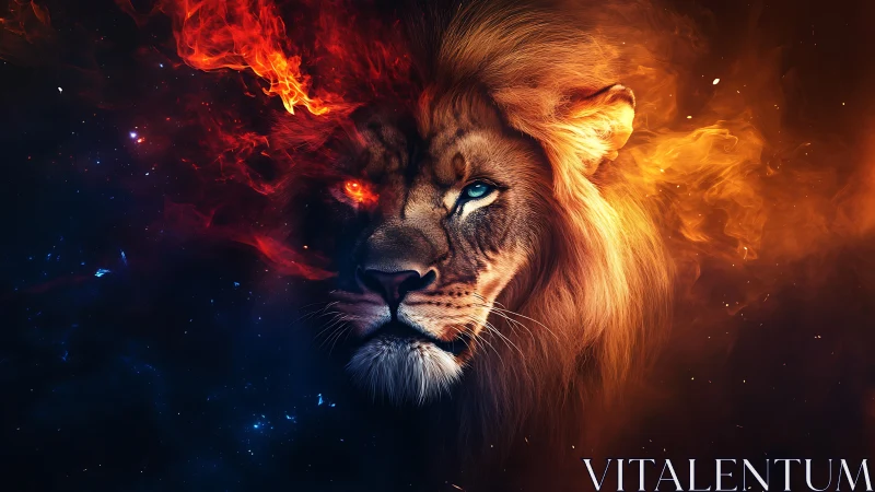 Bifurcated cosmic lion portrait with asymmetric fiery nebular mane