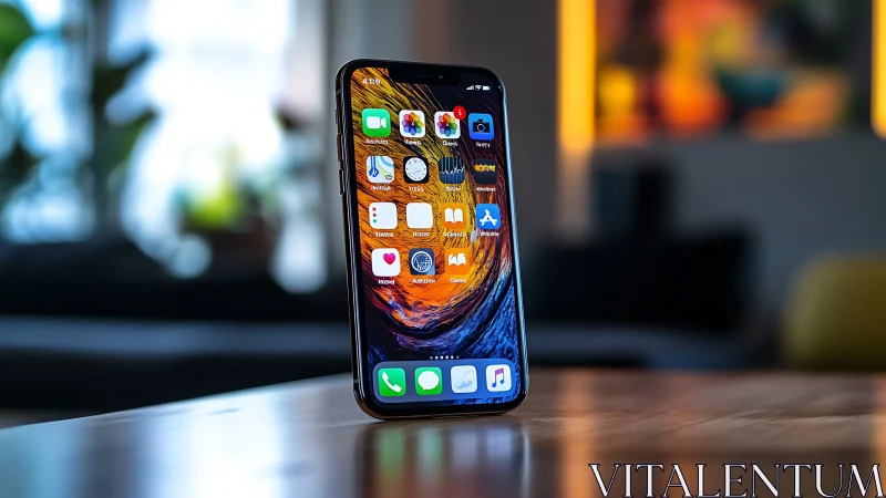 iPhone Displaying Dynamic Abstract Wallpaper in Natural Lighting