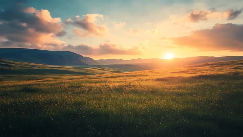 Sunlit grassy plain with distant hills under cloudy sky.