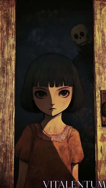Haunted doorway frames a solemn girl and lurking skeleton