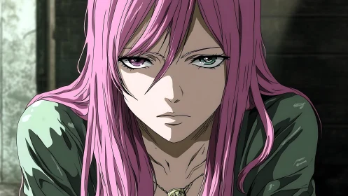 Pink haired anime character in close frontal portrait view.