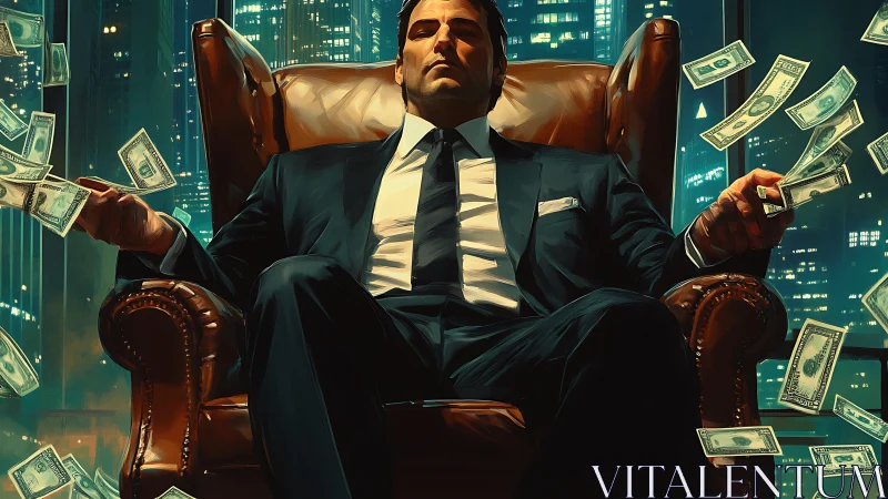 Power-suited magnate on leather throne amid flying banknotes