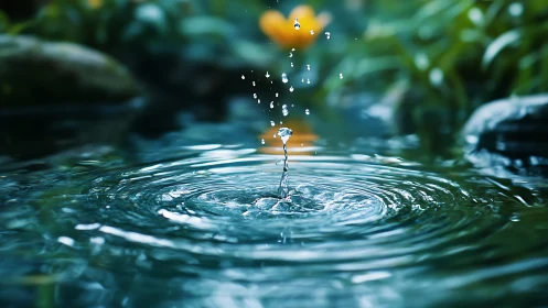 Water droplet impacts pond surface and generates circular ripples