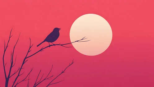 Songbird silhouette against a blushing neon sunset moon.