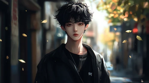 Dark haired youth walks sunlit autumn city street