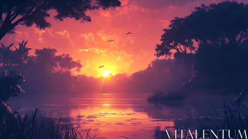 Digital painting sunset over tranquil misty jungle lagoon.