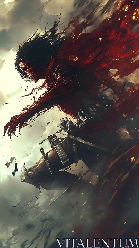 Humanoid figure in partial transformation amid dynamic debris