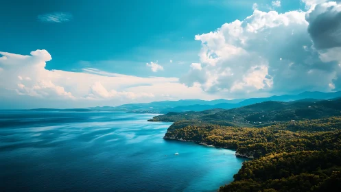 Photorealistic coastal panorama with luminous cyan seascape.