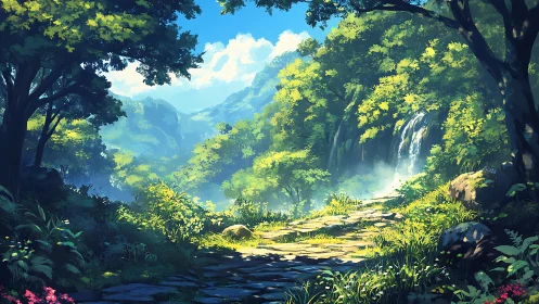 Mountainous Landscape with Waterfall and River Valley.