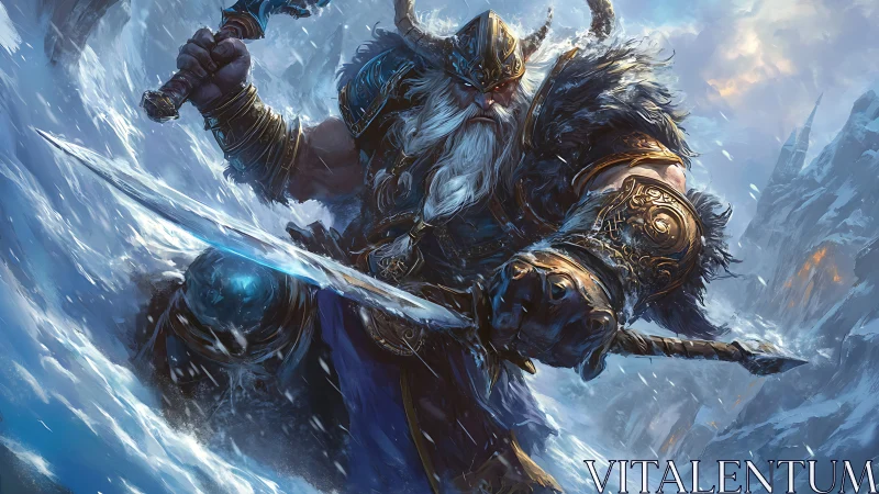 Armored frost warlord swings runic blade through icy maelstrom