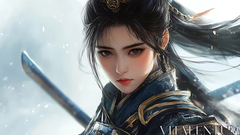 Stoic warrior maiden gazes forward in swirling winter light