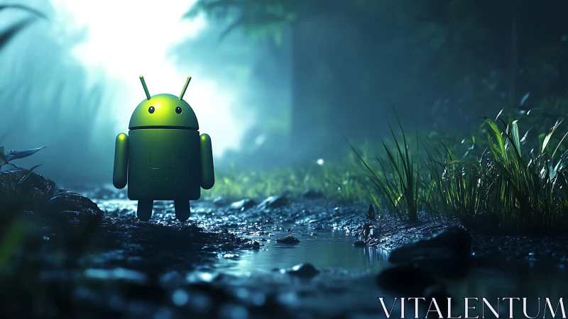 Green android robot in misty forest stream with rim lighting