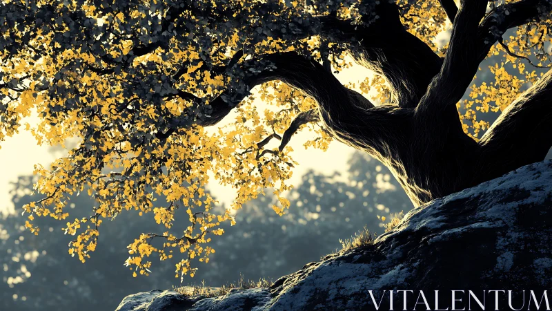 Backlit deciduous tree canopy on rocky slope in golden hour light.