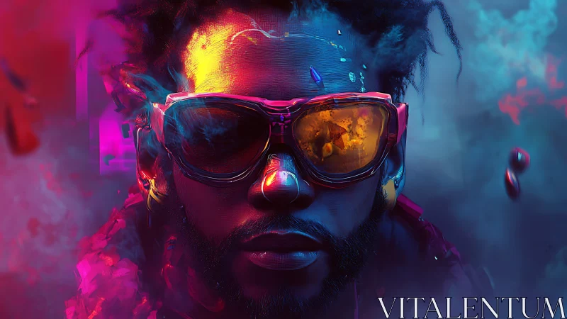 Cyberpunk portrait shows neon-lit man with reflective visor