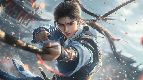 Sword-wielding warrior draws bow in dynamic mid-range view