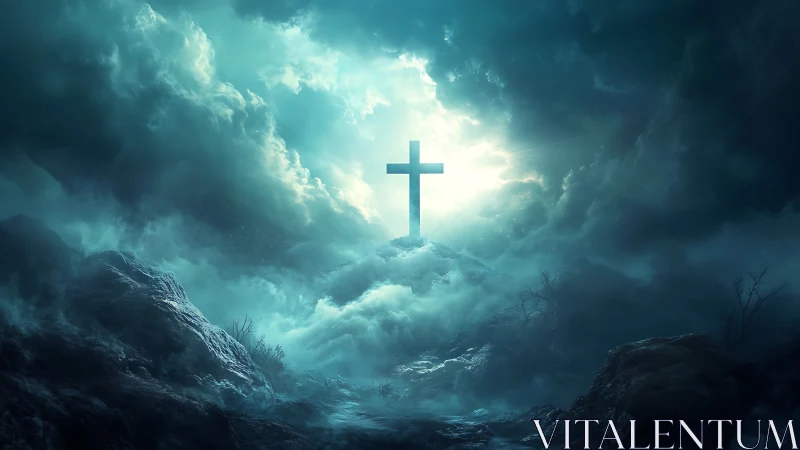 Luminous cross emerging through storm-lit celestial clouds.