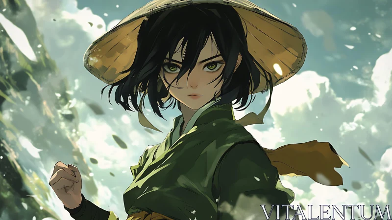 Windborne warrior girl in green robe amid swirling sky.