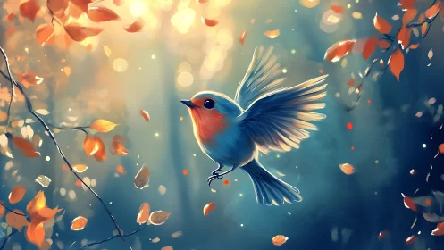 Digital painting of robin in luminous autumn bokeh field.