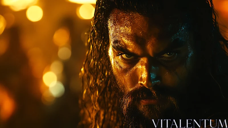 Fierce warrior’s gaze framed by molten golden light.