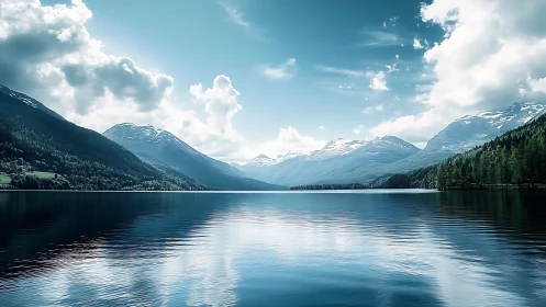 Snow-capped mountains surround a reflective alpine lake