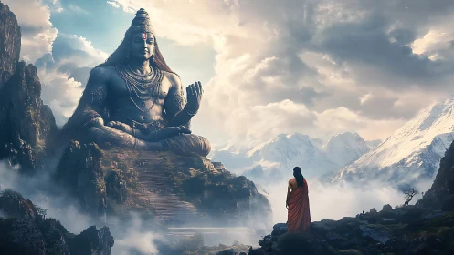 Mountain-sized deity breathes stillness into stormy skies