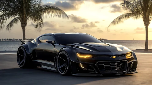 Sleek black Chevrolet muscle car at tropical seaside sunset.