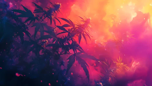 Luminous cannabis silhouettes cut through vivid nebula haze