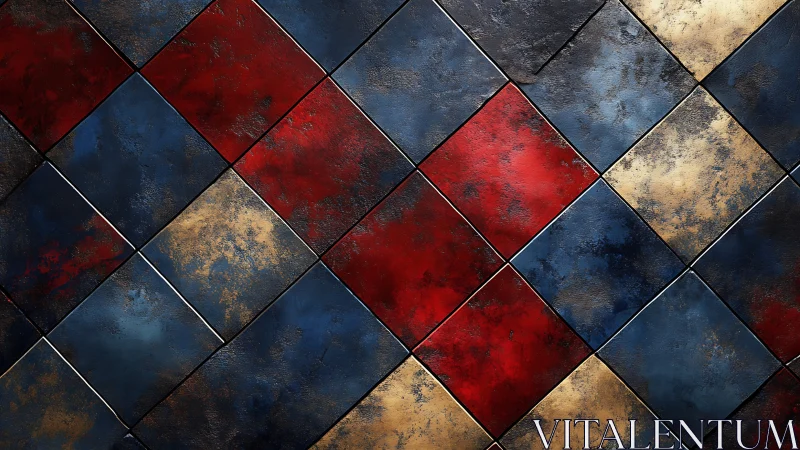 Textured red blue gold diamond tile geometric surface pattern.
