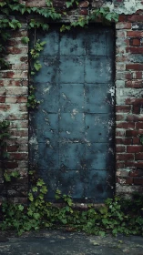 Rust-muted blue door swallowed by ivy and old brick hush.