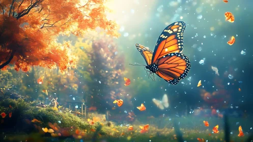 Monarch drifts through sparkled autumn air like quiet music