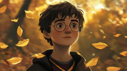 Young person with glasses in autumn foliage scene.