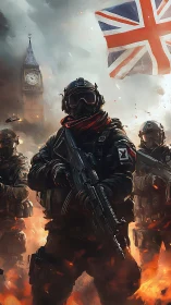 Armored soldiers advance through burning London streets