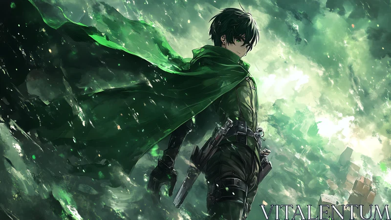Green-cloaked anime warrior in swirling cloudy sky.