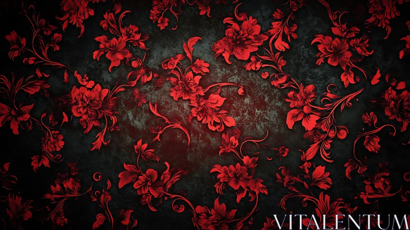 Crimson floral damask pattern over distressed dark ground.