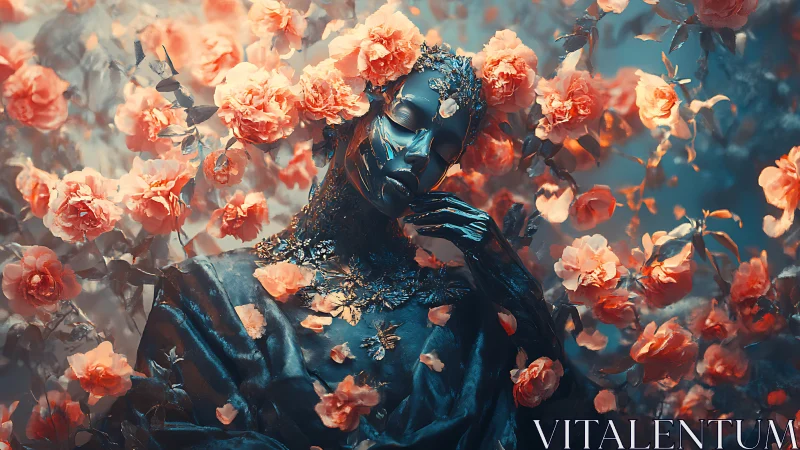 Enchanted metallic muse rests in a glowing garden of roses