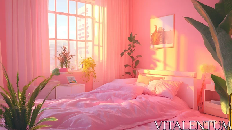 Soft pink bedroom glows with gentle sunrise light and plants