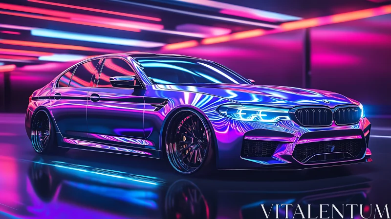 Neon-lit sports sedan reflects vibrant futuristic tunnel glow
