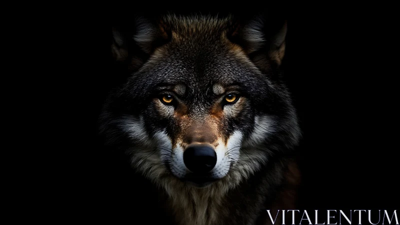 Lone wolf portrait emerging from deep shadowed blackness.