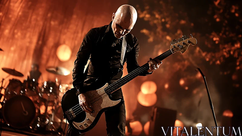 Rock bassist commands the stage under warm concert lights.
