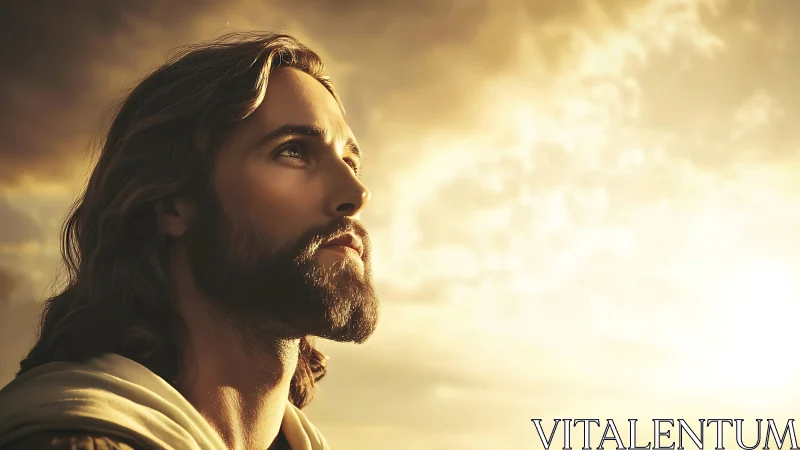 Sunlit profile of bearded man gazing toward glowing horizon.