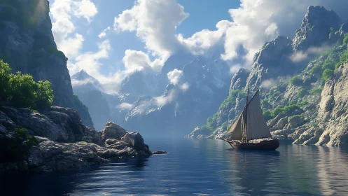 Sailboat on calm fjord between steep rocky green cliffs.