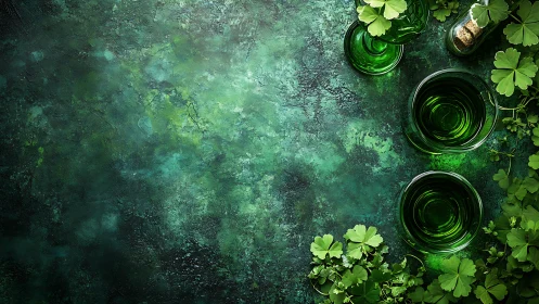 Emerald glass vessels with clover foliage on textured ground.