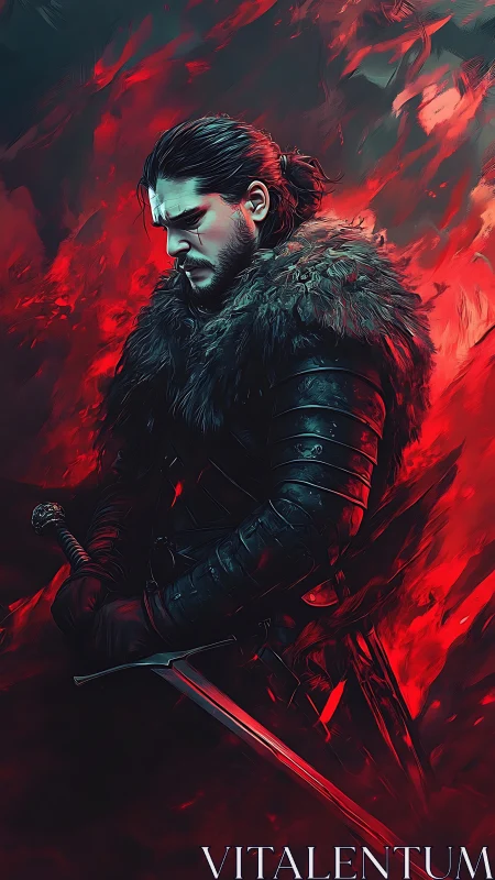 Brooding warrior stands before crimson storm of fire and fate