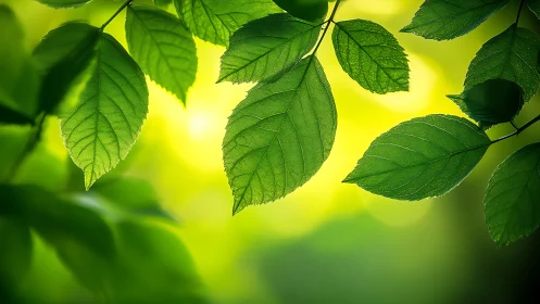 Sunlit green leaves glow gently against soft bokeh background.