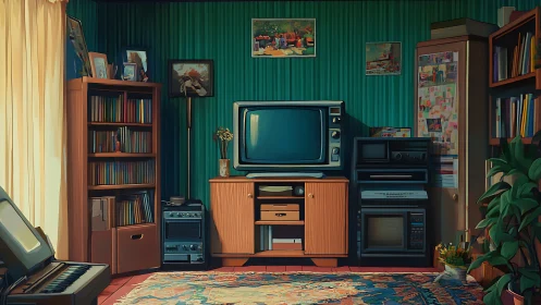 Retro living room with CRT TV, stereo stack and wooden shelves