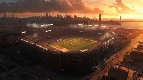 Sunset aerial view of illuminated urban baseball stadium.