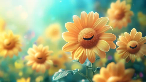 Smiling yellow flowers glow in dreamy turquoise spring light.